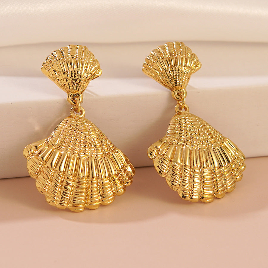 Orecchini da donna geometrici in acciaio inossidabile placcati oro con conchiglia, stile lusso minimalista