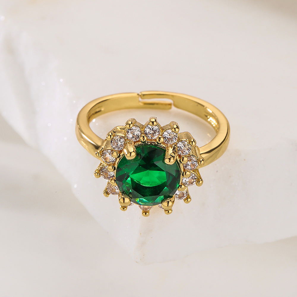 Anello aperto da donna minimalista geometrico floreale in ottone con placcatura in oro 18 carati e intarsio di zirconi