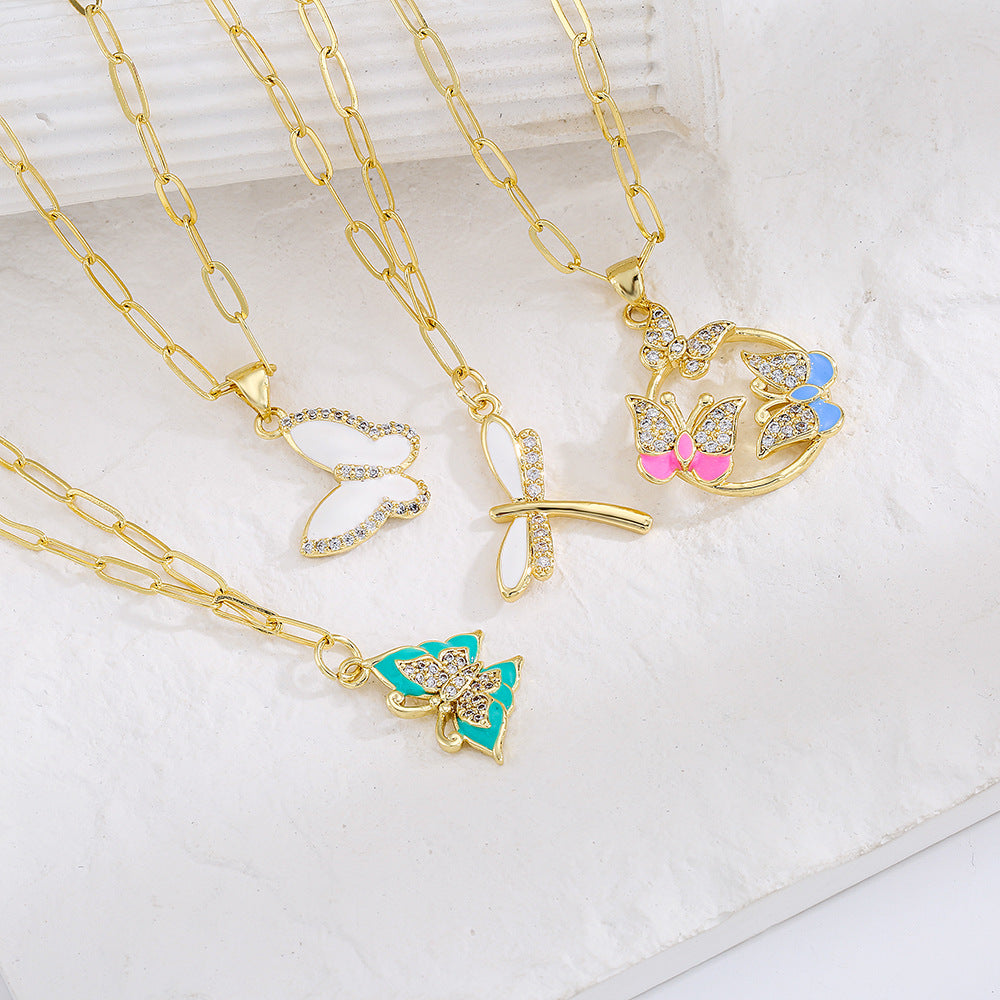 Minimalist Butterfly and Dragonfly Pendant Necklace for Women with Copper Base Plated in 18K Gold and Zircon Inlay