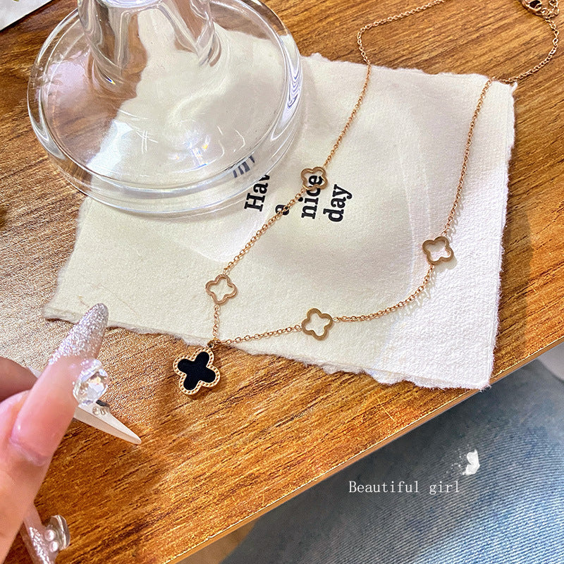 Fashion Hollow Four-Leaf Clover Gold Plated Titanium Steel Necklace for Unisex