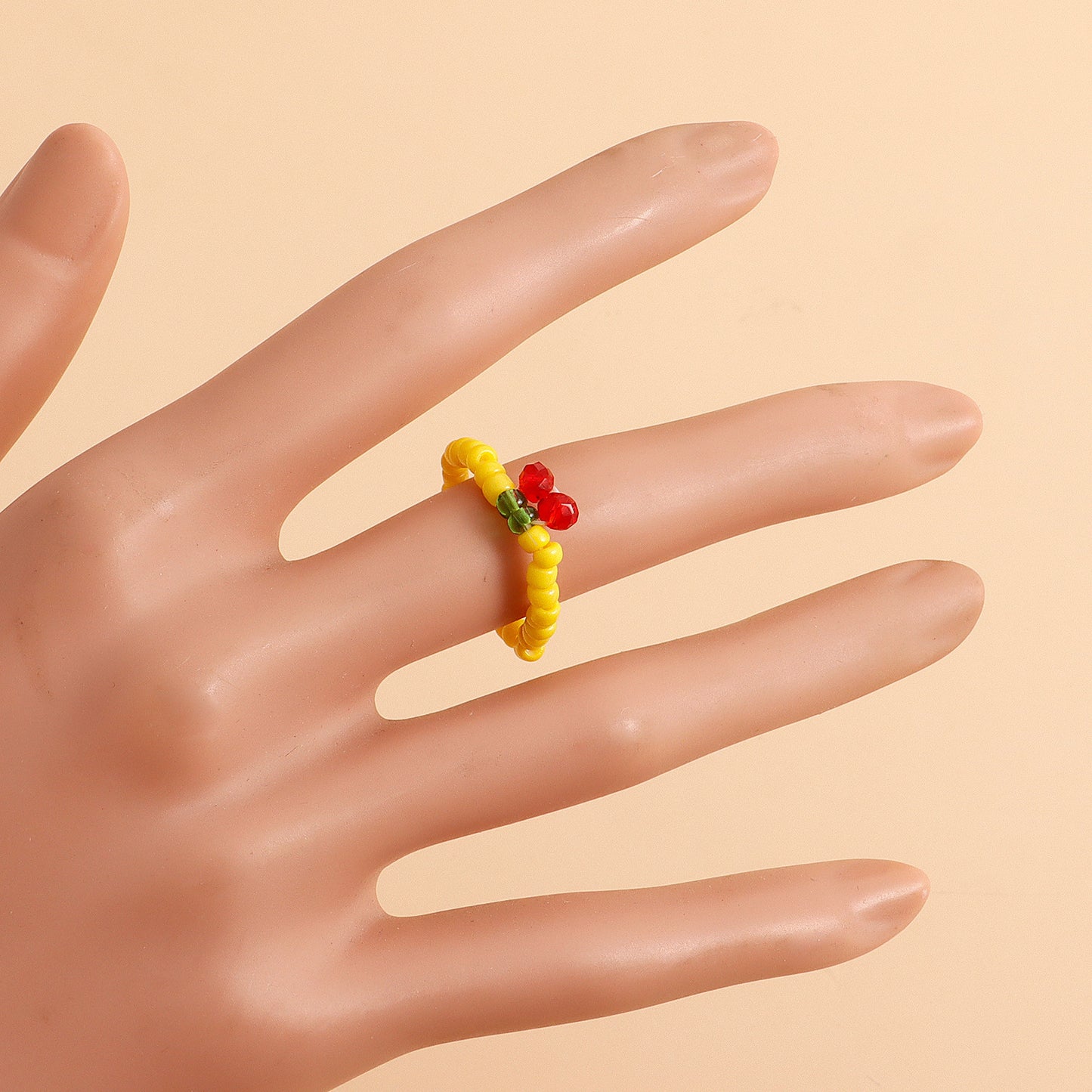 Minimalist Geometric Alloy Ring with Plated Finish for Women Colorful Cherry Beaded Elastic Band Fashion Jewelry