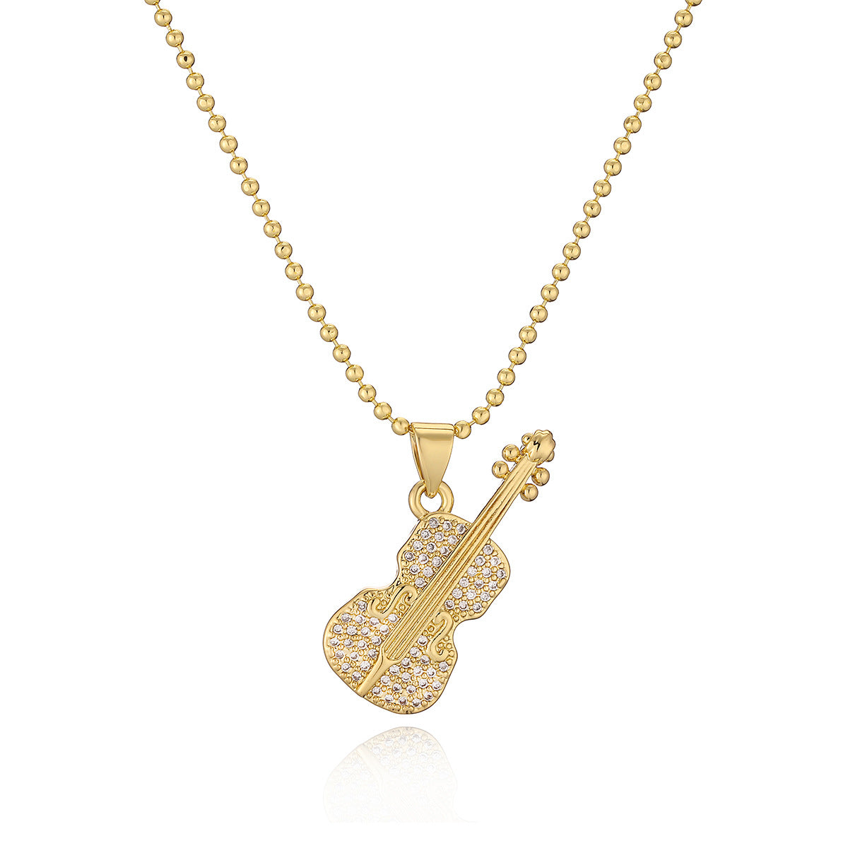 Collana con ciondolo a forma di chitarra minimalista con corona geometrica per donna in ottone placcato oro vero con intarsio in zirconi