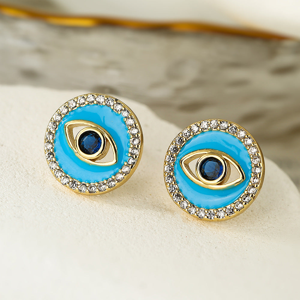 Geometric Demon Eye Earrings for Women with Copper Base Plated in Real Gold and Micro-Paved Zirconia with Enamel Detailing