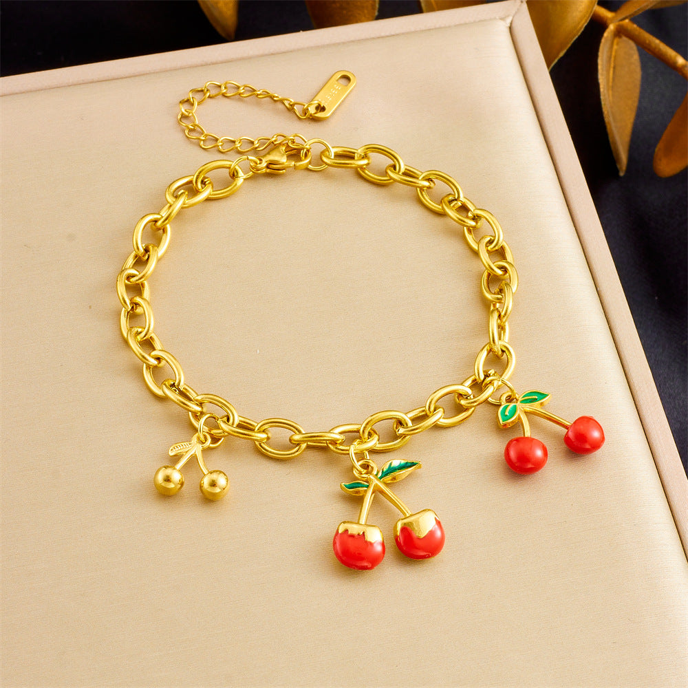 Sweet Gold Plated Stainless Steel Cherry Strawberry Pendant Bracelet