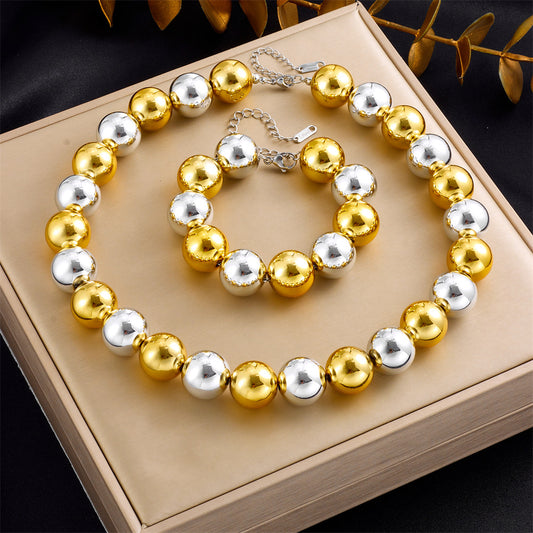 Punk Gold Plated Acrylic and Stainless Steel Round Bead Ball Chain Necklace Set