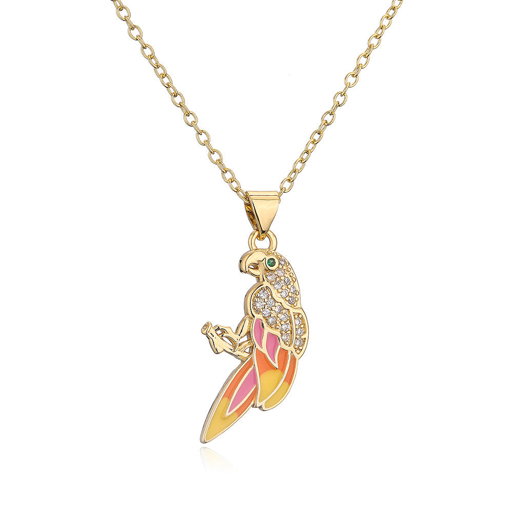 Vintage 18K Gold Plated Enamel Zircon Love Bird Geometric Pendant Necklace for Women