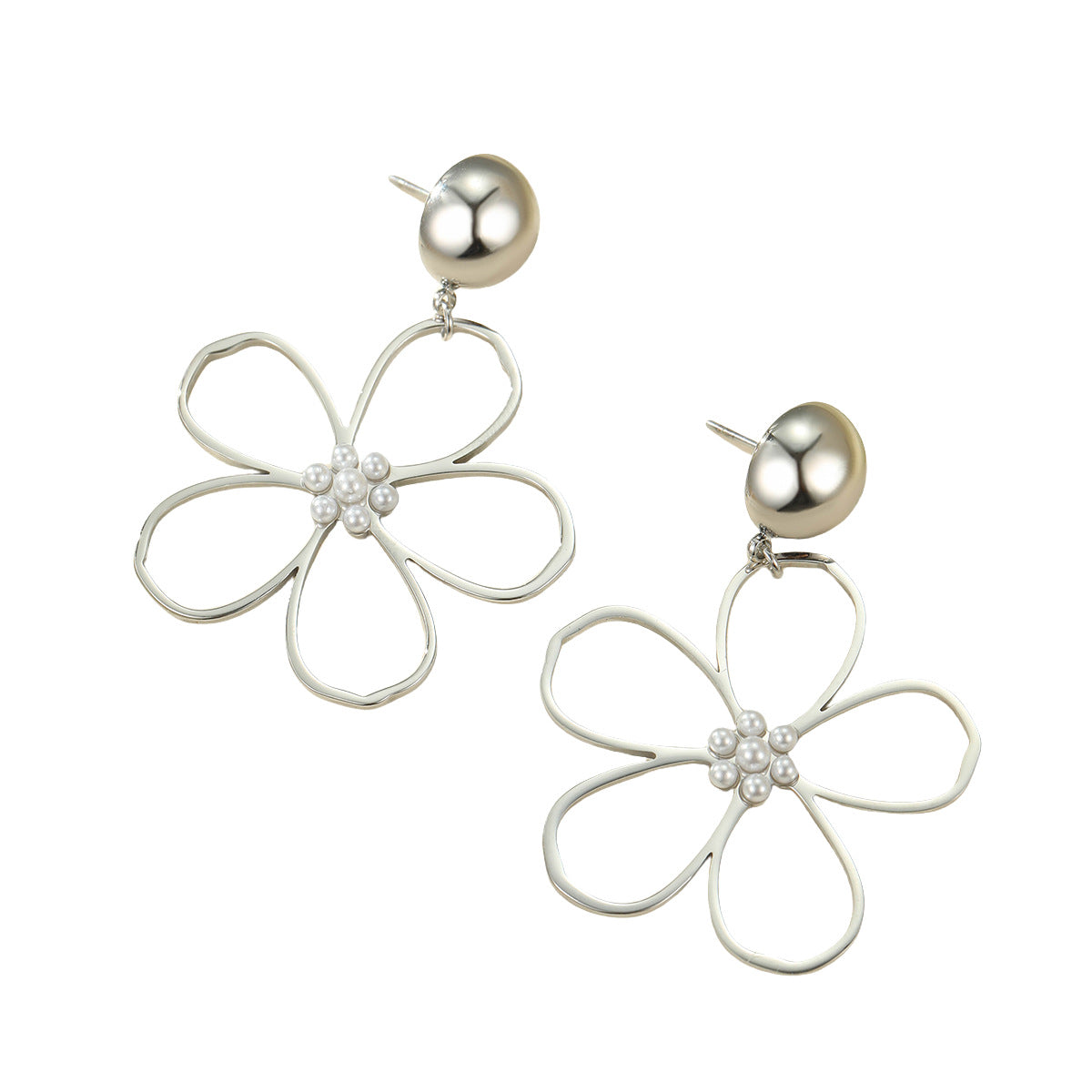 Pendientes de acero inoxidable con colgante de perla y flor hueca de estilo vintage para mujer con acabado chapado