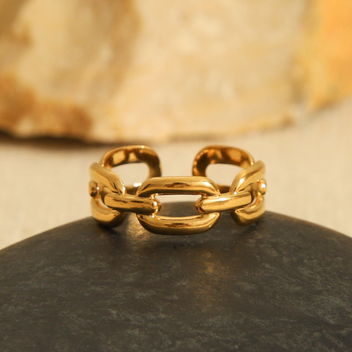 Anello Aperto Geometrico di Tendenza con Dettaglio a Catena Gioielli da Donna in Acciaio Inossidabile Placcato Oro 18K