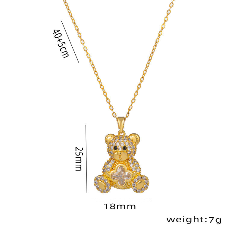 Cute Teddy Bear Pendant Necklace for Women with Rhinestone Inlay in Titanium Steel, Heart-Shaped Locket Chain with O-Chain Style