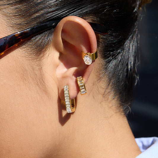 Geometric Stainless Steel Hoop Earrings with Rhinestone Inlay for Women, Hypoallergenic Plated Fashion Jewelry