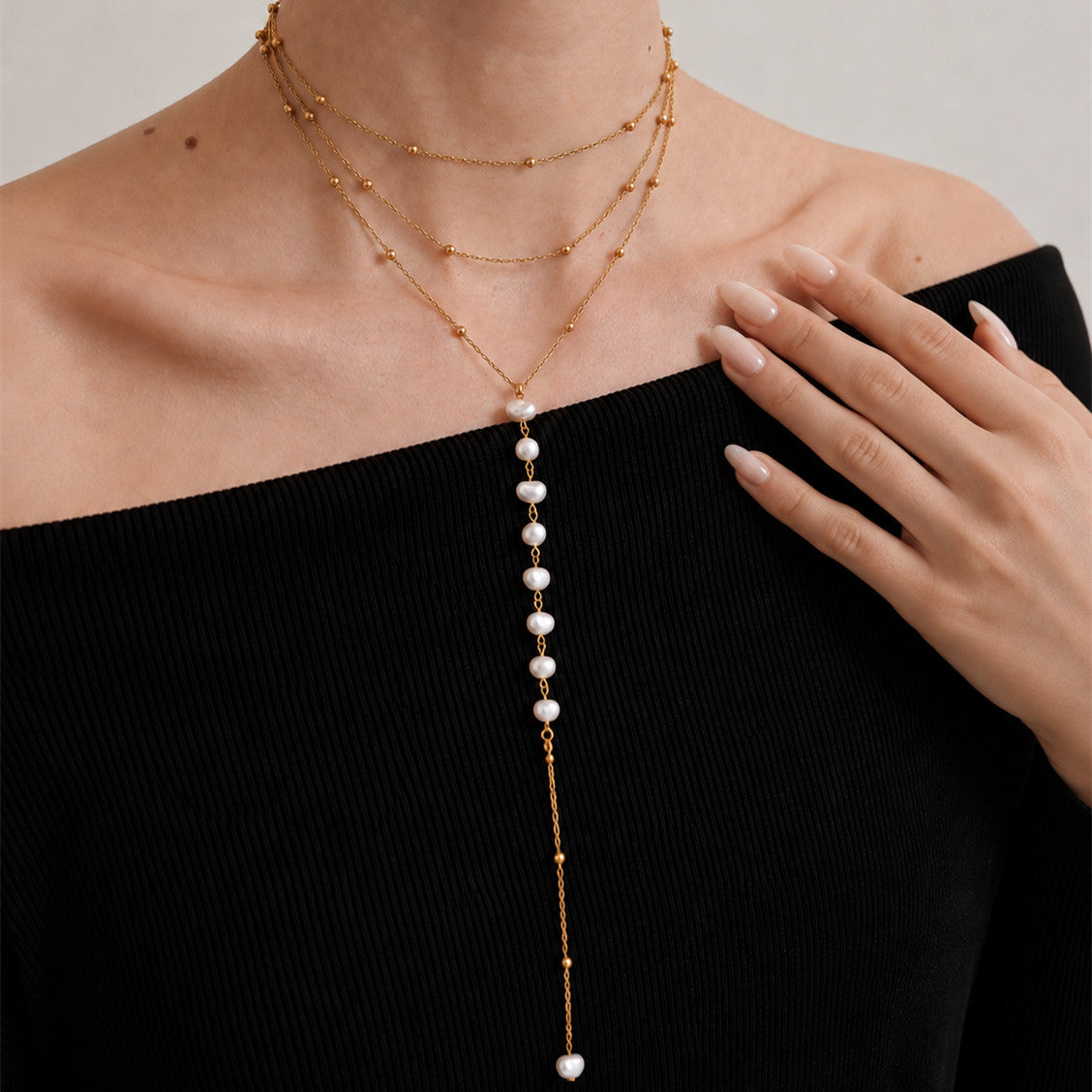 Hip-hop Minimalist Geometric Round Pearl Tassel Stainless Steel Ball Chain Necklace