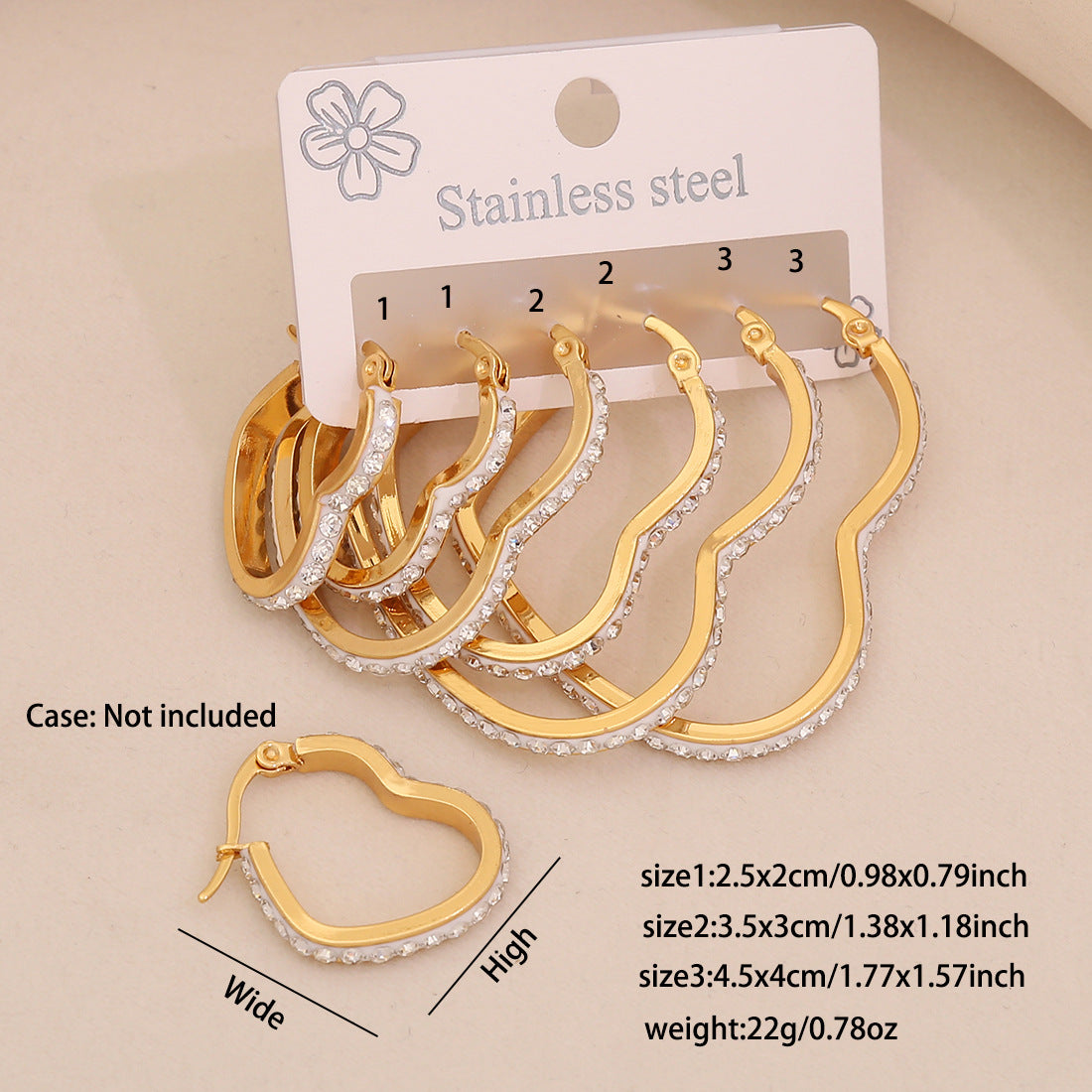 Orecchini a perno geometrici a forma di cuore alla moda in acciaio inossidabile con intarsio completo di strass