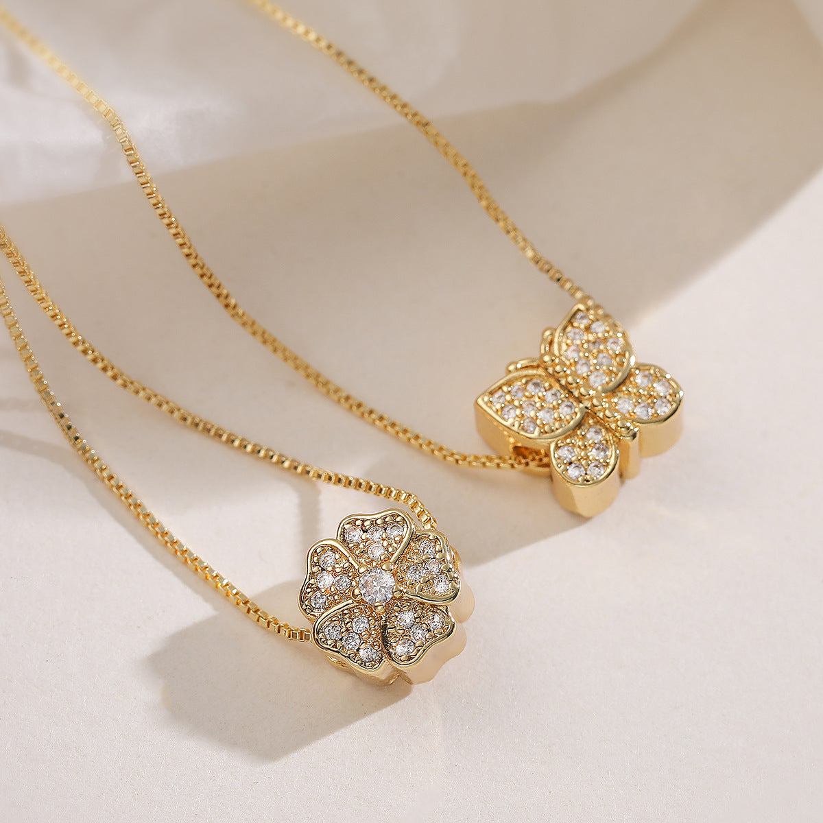 Minimalist Elegant 18K Gold Plated Brass Flower Butterfly Cubic Zirconia Inlay Pendant Necklace for Women