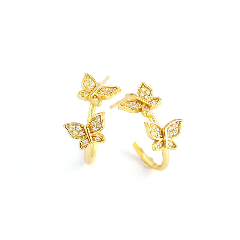Luxury Butterfly-Shaped S925 Sterling Silver Stud Earrings with Rhinestone Inlay for Women