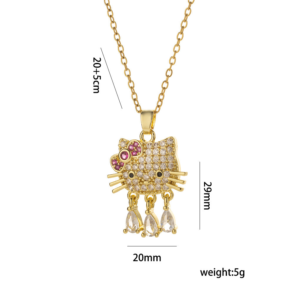 Luxury Cat Pendant Necklace in Titanium Steel with Micro-Paved Zirconia and 18K Gold Plating, Delicate Clavicle Chain for Women and Men