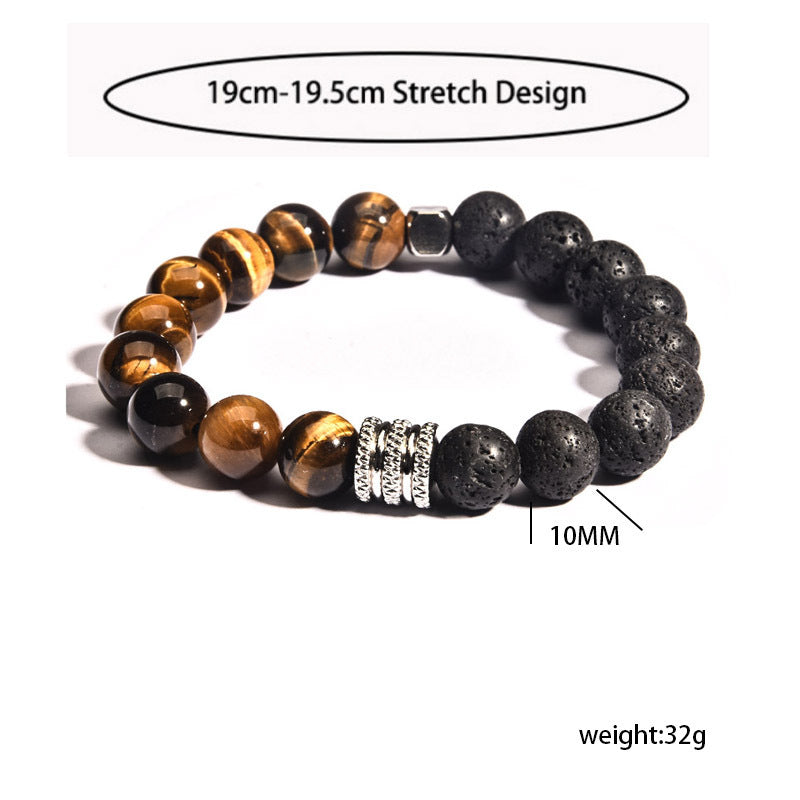Geometric Stainless Steel Men's Bracelet with Tiger Eye Volcanic Map Stone Beads