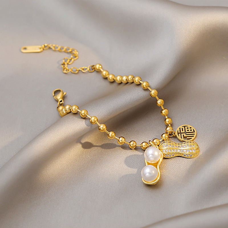 Bracciale da donna in acciaio al titanio placcato, stile cinese, con perline geometriche a forma di arachide