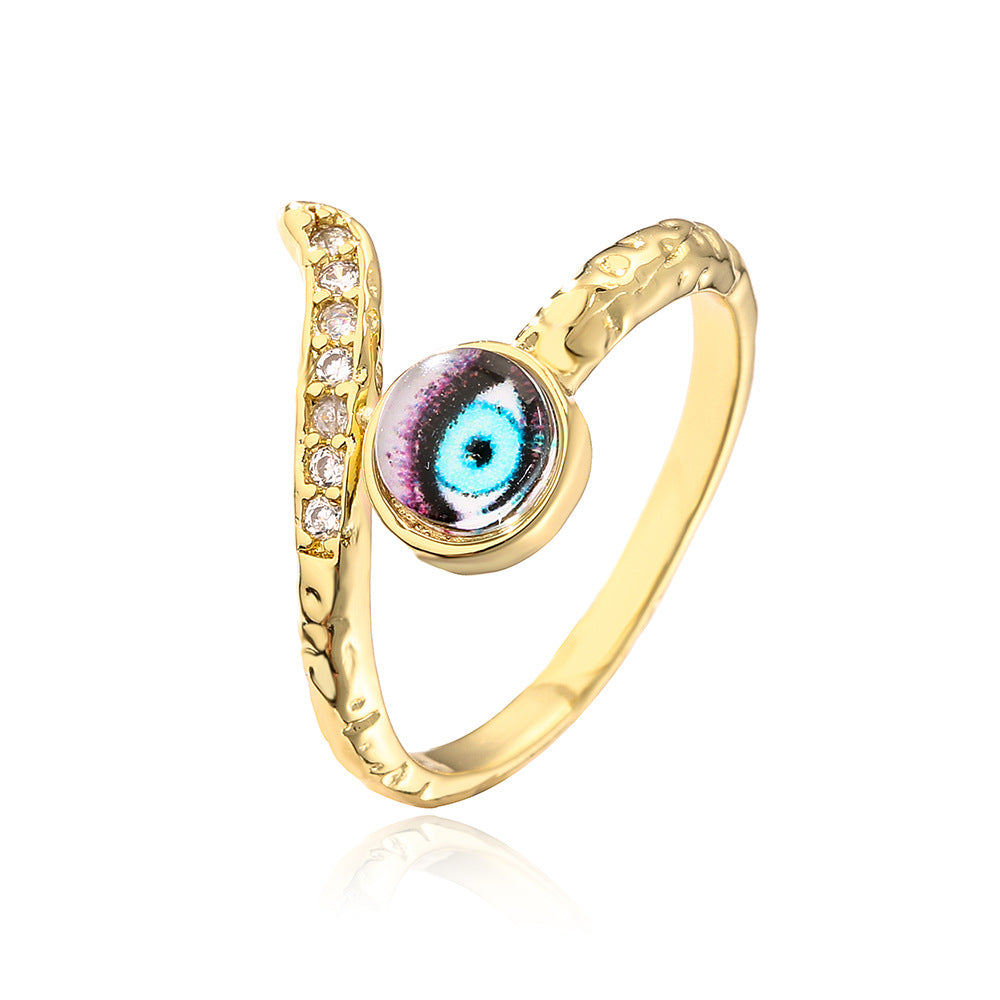 Anello aperto geometrico da donna con base in rame placcata in oro 18 carati e design a occhio turco con zirconi micro-incastonati