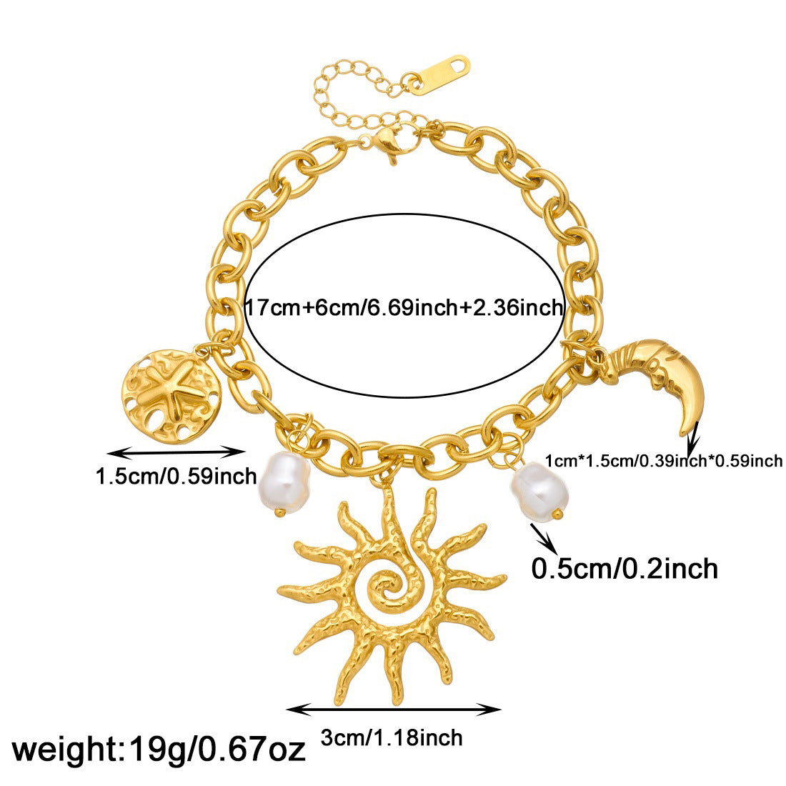 Vintage Gold Plated Irregular Round Star Moon Sun Pendant Stainless Steel Bracelet for Women