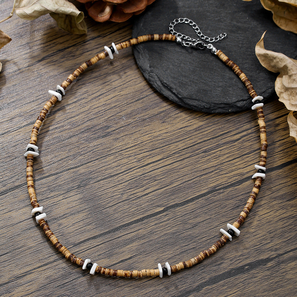 Hip-hop Bohemian Geometric Wood Shell Bead Stainless Steel Ball Chain Necklace for Unisex