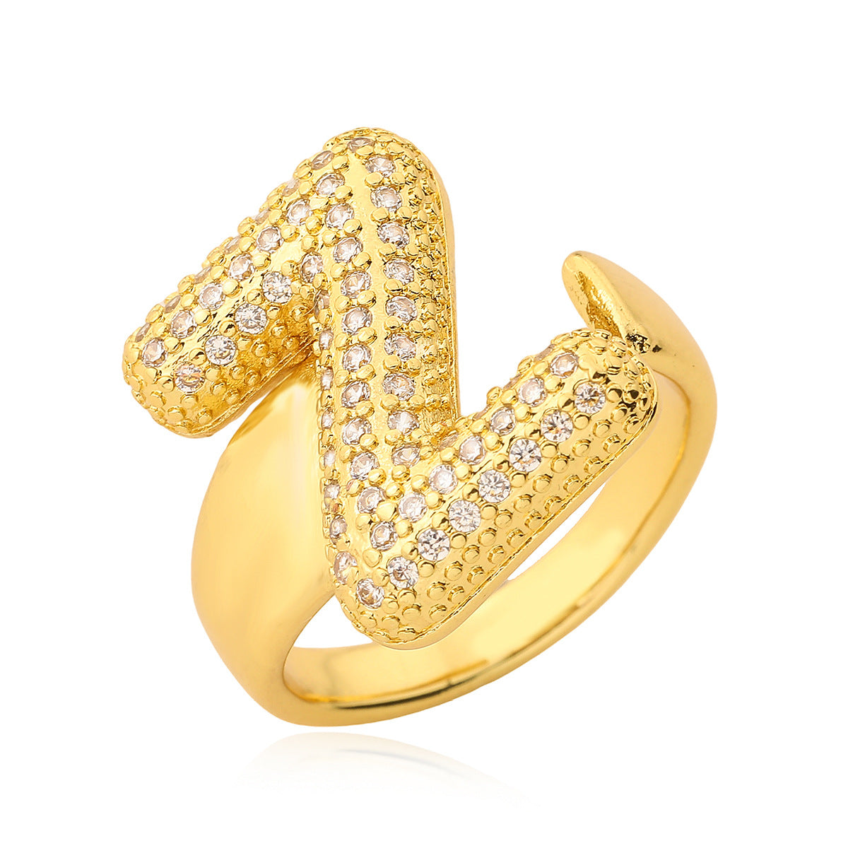 Minimalist Geometric Letter Zirconia Ring for Women in Copper with Gold Plating and Micro-Pavé Setting