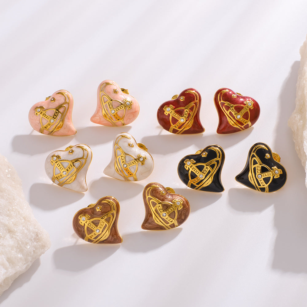 Minimalist Heart-Shaped Stainless Steel Stud Earrings with 18K Gold Plating and Rhinestone Inlay for Women