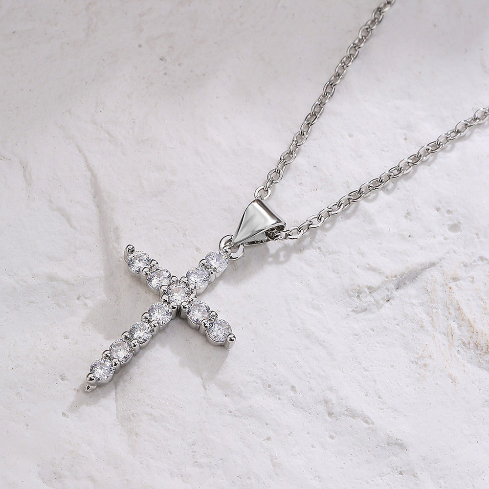 Minimalist Geometric Cross Pendant Necklace for Unisex, Copper Plated with Rhinestone Inlay, O-Chain Style, Fashionable Commuting Jewelry