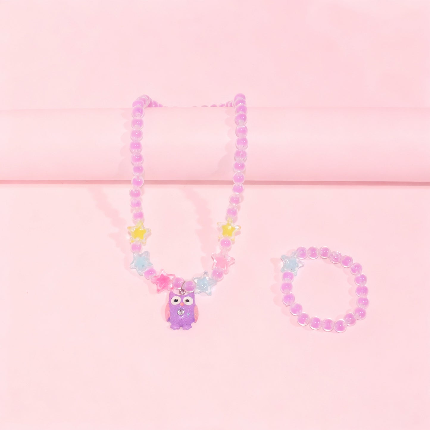 Cartoon Style Unicorn and Heart-Shaped Resin Beaded Necklace Set for Girls with Round Bead Chain