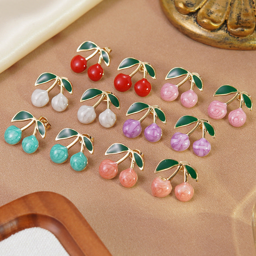 Sweet Drip Oil Stainless Steel Cherry Earrings for Women