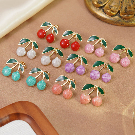 Sweet Drip Oil Stainless Steel Cherry Earrings for Women