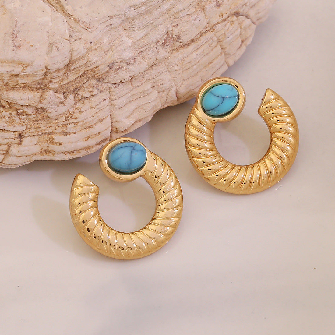 Vintage Geometric Stainless Steel Earrings with 18K Gold Plating and Turquoise Inlay