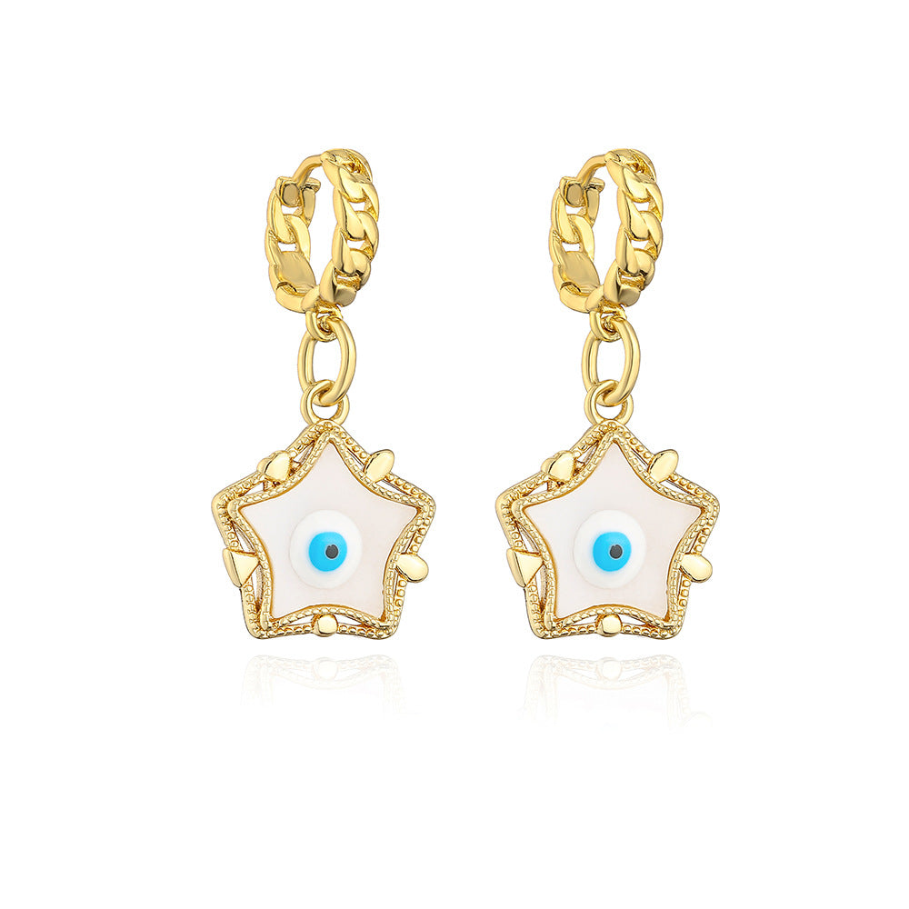 Minimalist Geometric Star Pendant Earrings with Enamel Eye Detail in Copper Plated 18K Gold for Women