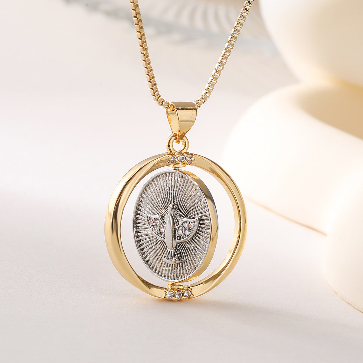 Fashion Two-Tone Plated Geometric Rotatable Eagle Pendant Necklace for Women