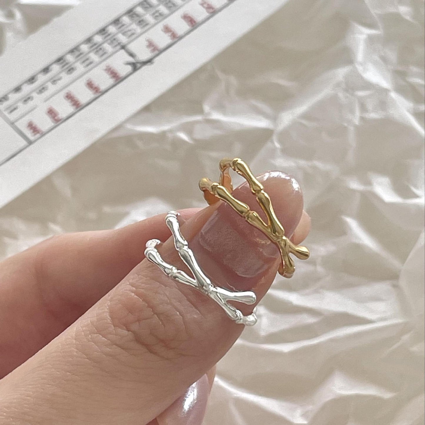 Anillo abierto minimalista dulce de bambú de plata de ley 925 para mujer