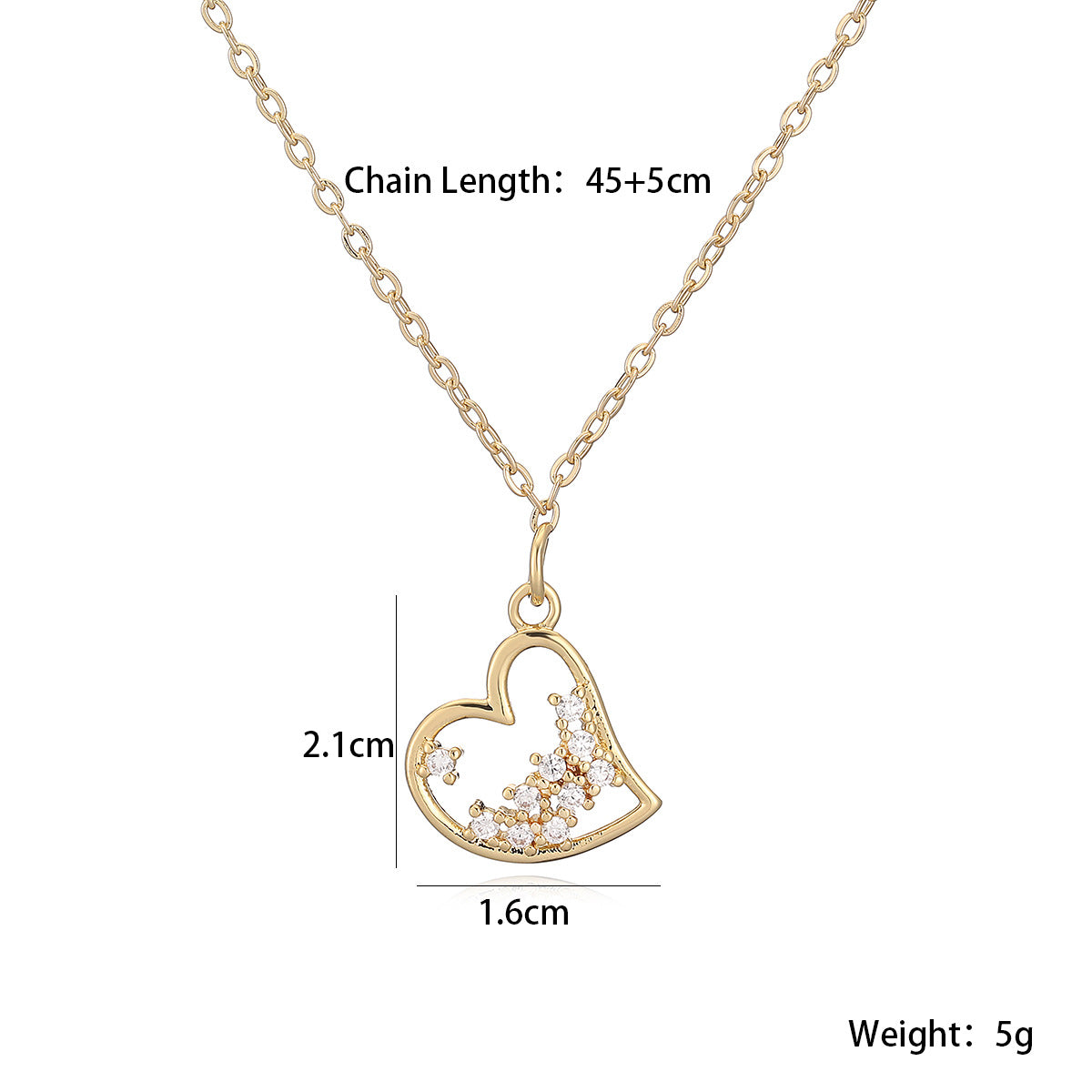 Minimalist 18K Gold Plated Brass Heart Pendant Necklace with Cubic Zirconia for Women