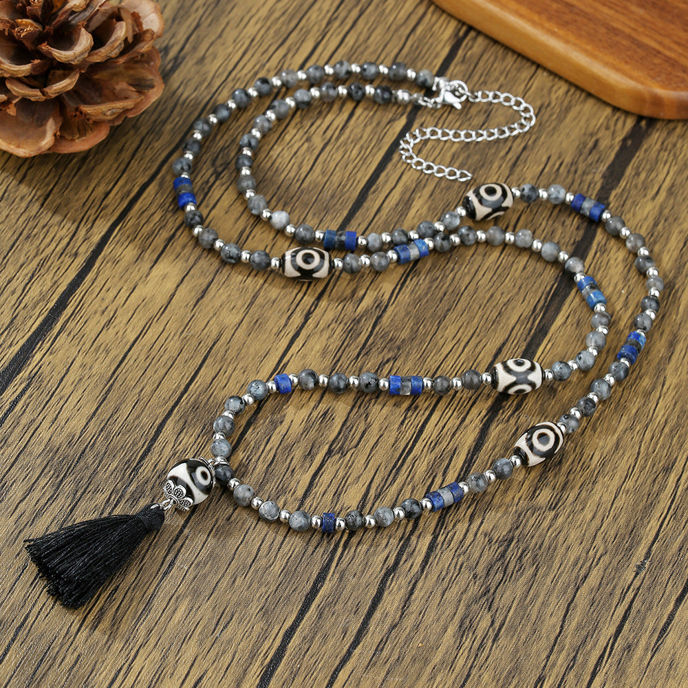 Unique Geometric Round Synthetic Dzi Bead Glitter Stone Tassel Necklace with Cable Chain for Unisex