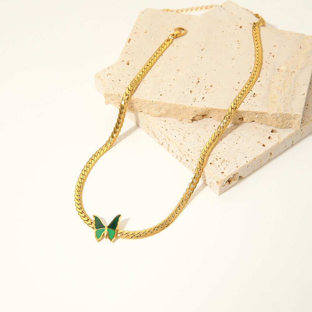Vintage French Style Green Butterfly Pendant Necklace in Stainless Steel with 18K Gold Plating on Snake Chain for Women