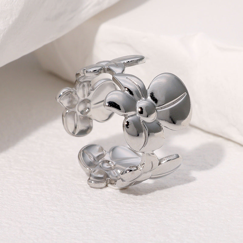 Anello Aperto da Donna Minimalista Floreale in Acciaio Inossidabile con Finitura Placcata