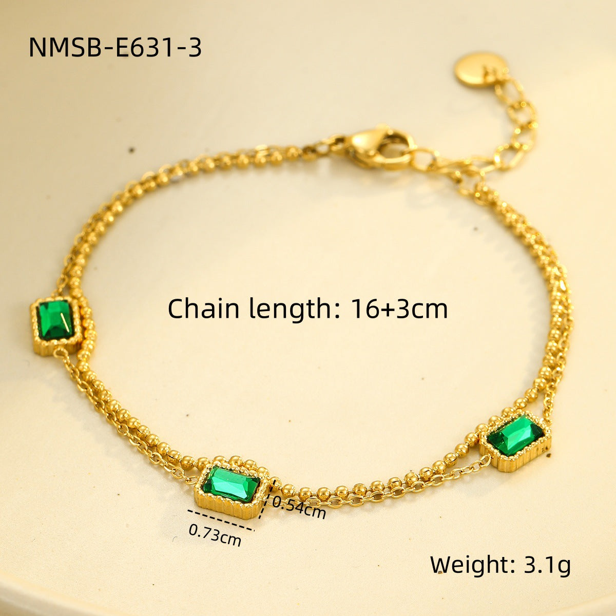 Elegante bracciale da donna in acciaio inossidabile placcato, stile ufficio, con zircone quadrato verde