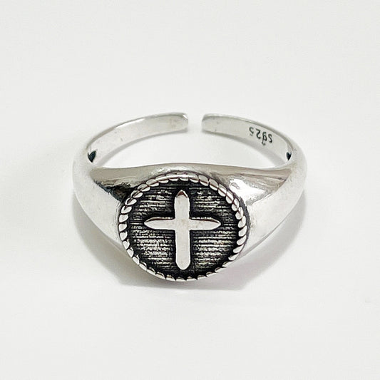Vintage 925 Sterling Silver Geometric Cross Plated Adjustable Ring for Women