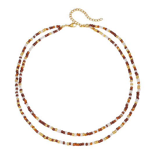 Casual Geometric Round Glass Beaded Ball Chain Necklace Handmade Double Layer