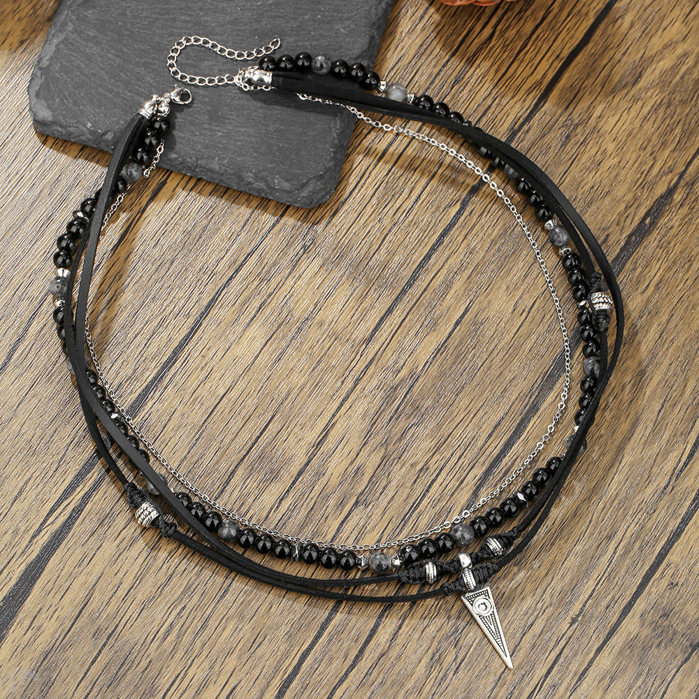 Personalized Geometric Black Agate Leather Spliced Chain Necklace for Men