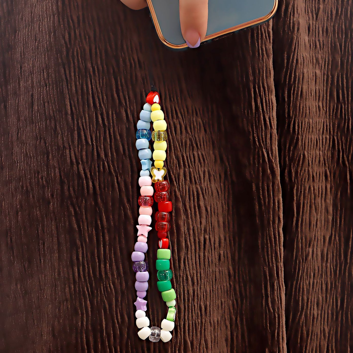 Colorful Gradient Heart Geometric Plated Alloy Beaded Phone Chain for Women