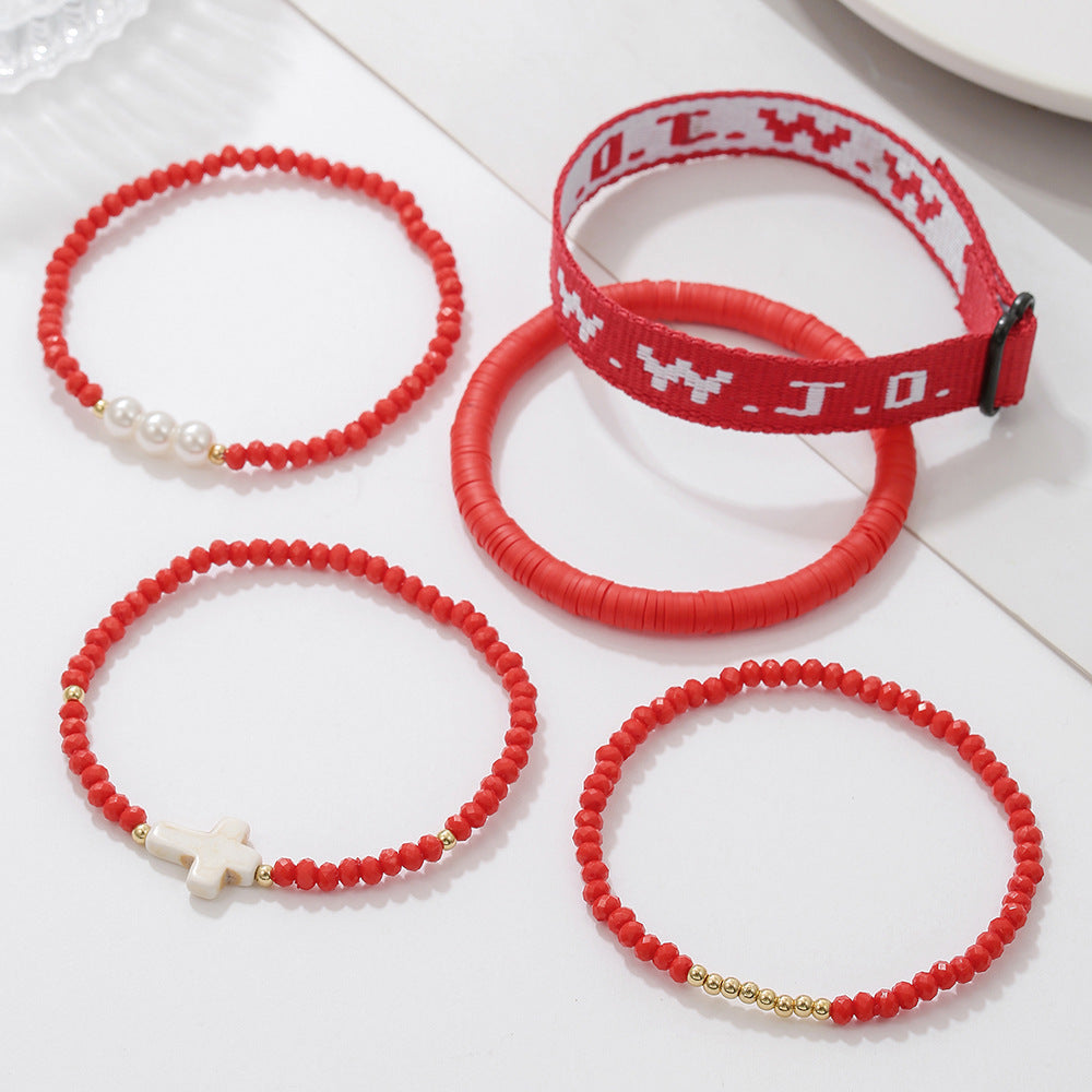 WWJD Letter Cross Turquoise Pearl Crystal Resin Beaded Bracelet Set