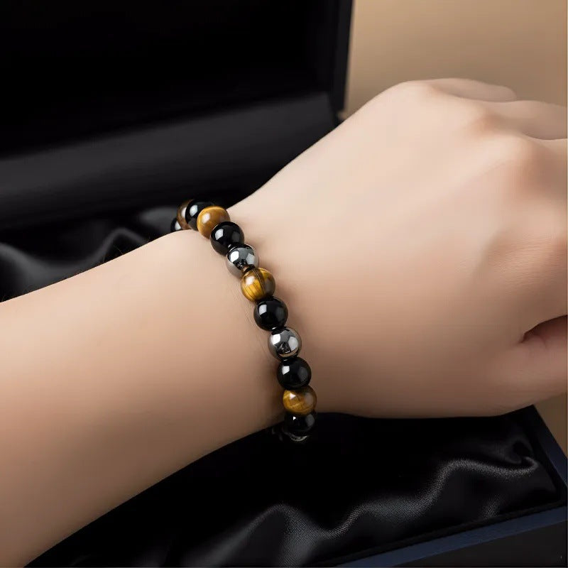Vintage Geometric Tiger's Eye and Hematite Hand-beaded Bracelet for Men and Women