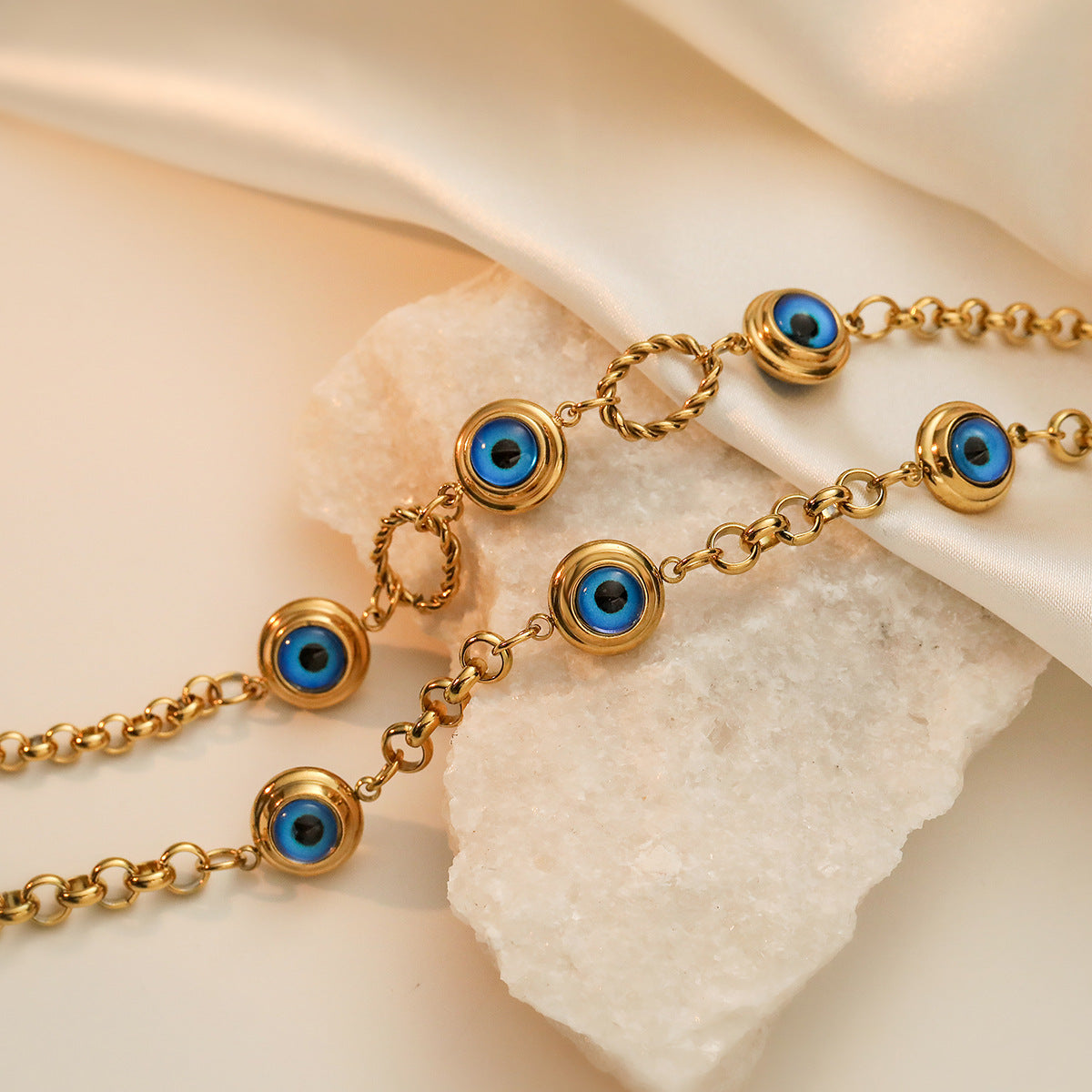 Minimalist Geometric Evil Eye Titanium Steel Bracelet with Gold Plating for Women