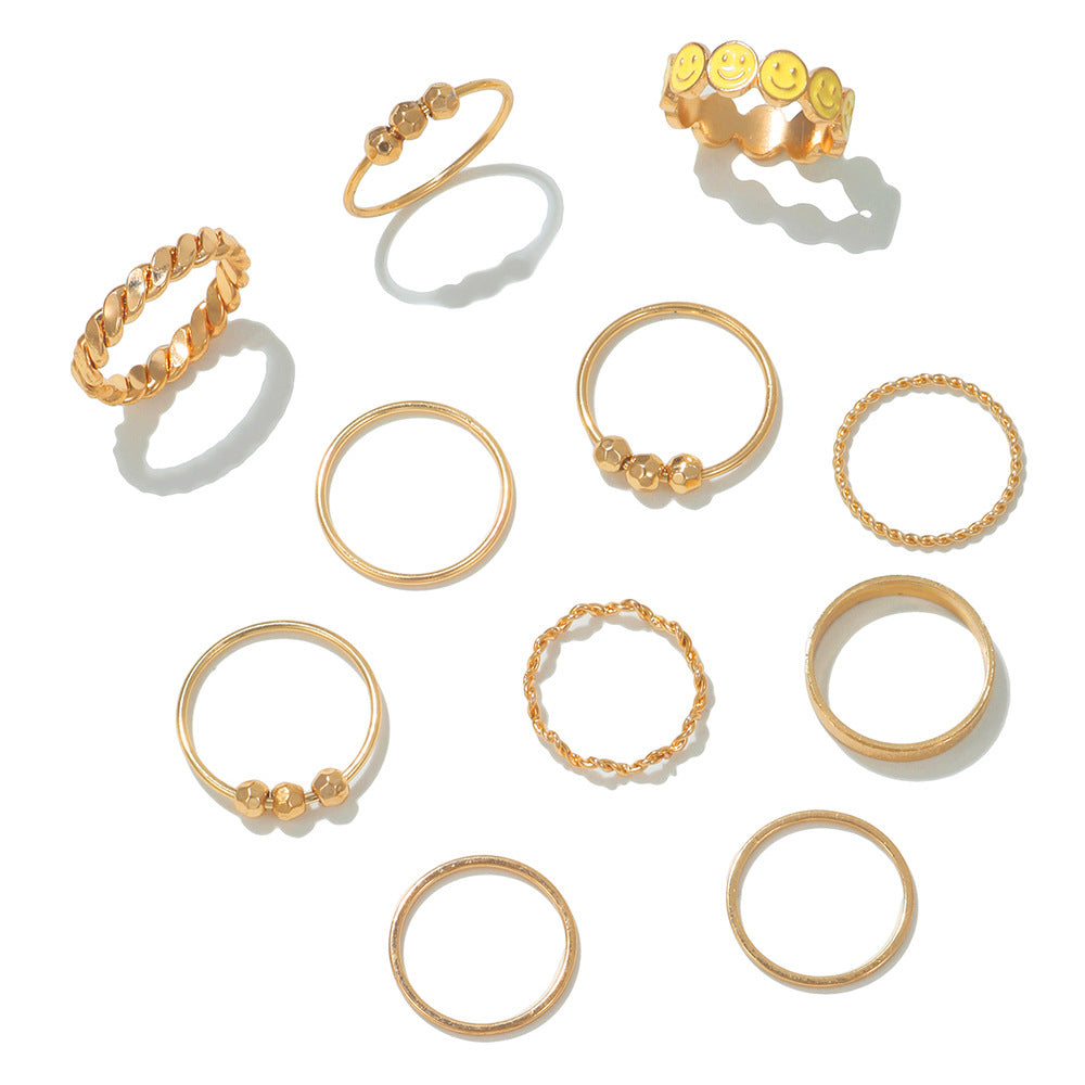 Sweet Minimalist Geometric Alloy Plated Drip Oil Smile Ring Set for Women