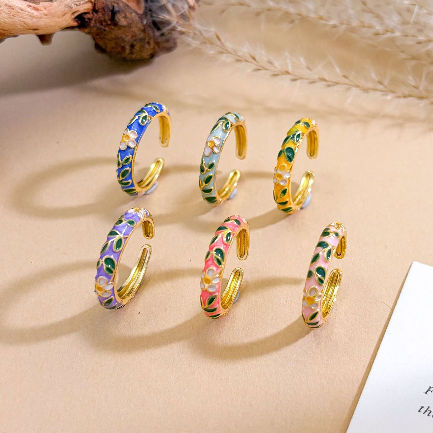 Vintage Sweet Floral Enamel Gold Plated Brass Ring for Women