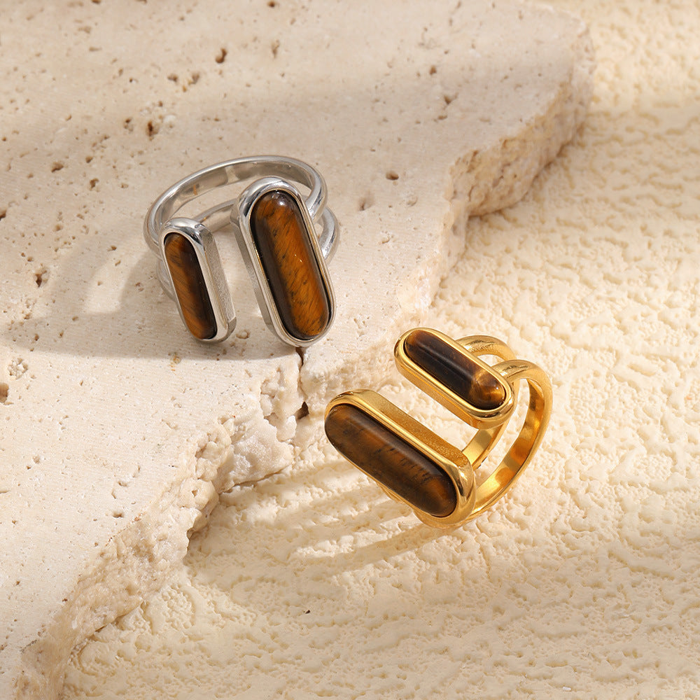 Minimalist Luxury 18K Gold Plated Stainless Steel Geometric Tiger's Eye Open Ring for Women
