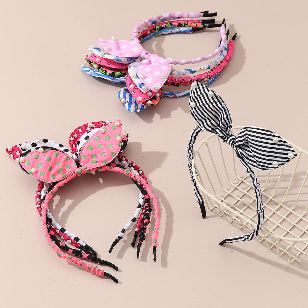Cute Bow-Knot Rabbit Ear Headband for Kids with Pearl Accents in Fabric Material, Handmade Floral-Inspired Hair Accessory Set